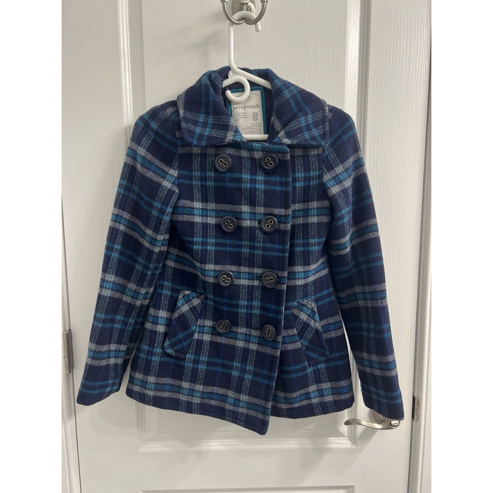 Aeropostale Womens XS Navy Blue Plaid Wool Blend Double Breasted Peacoat Jacket